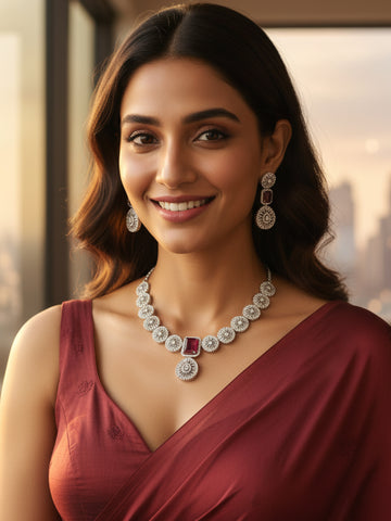 KARATCART Sparkling Red American Diamond Silver-Tone Jewellery Set for Women