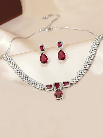 KARATCART Dazzling Red Drop American Diamond Silver Tone Jewellery Set for Women