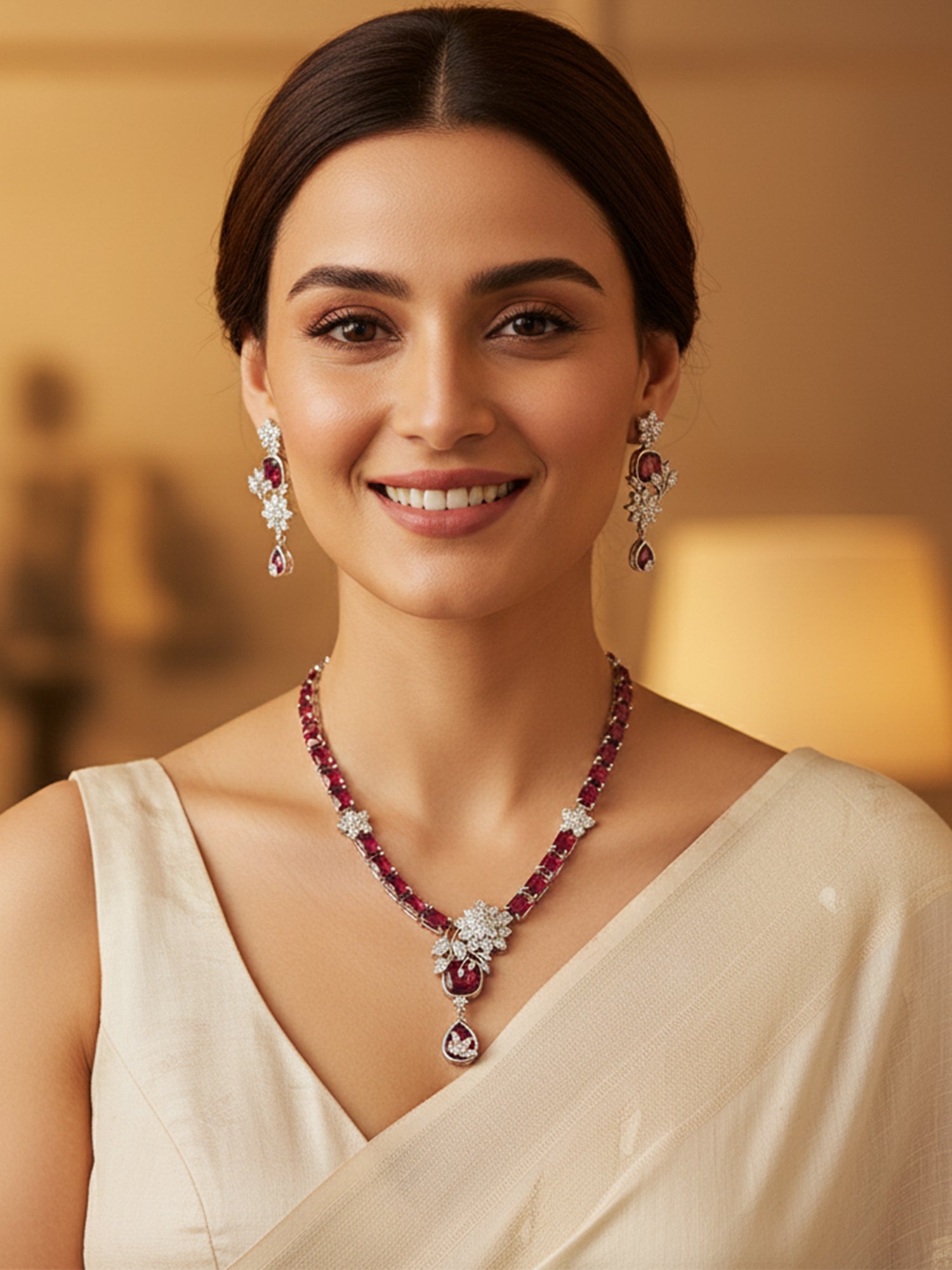 KARATCART Dazzling Red American Diamond Silver Tone Floral Jewellery Set for Women