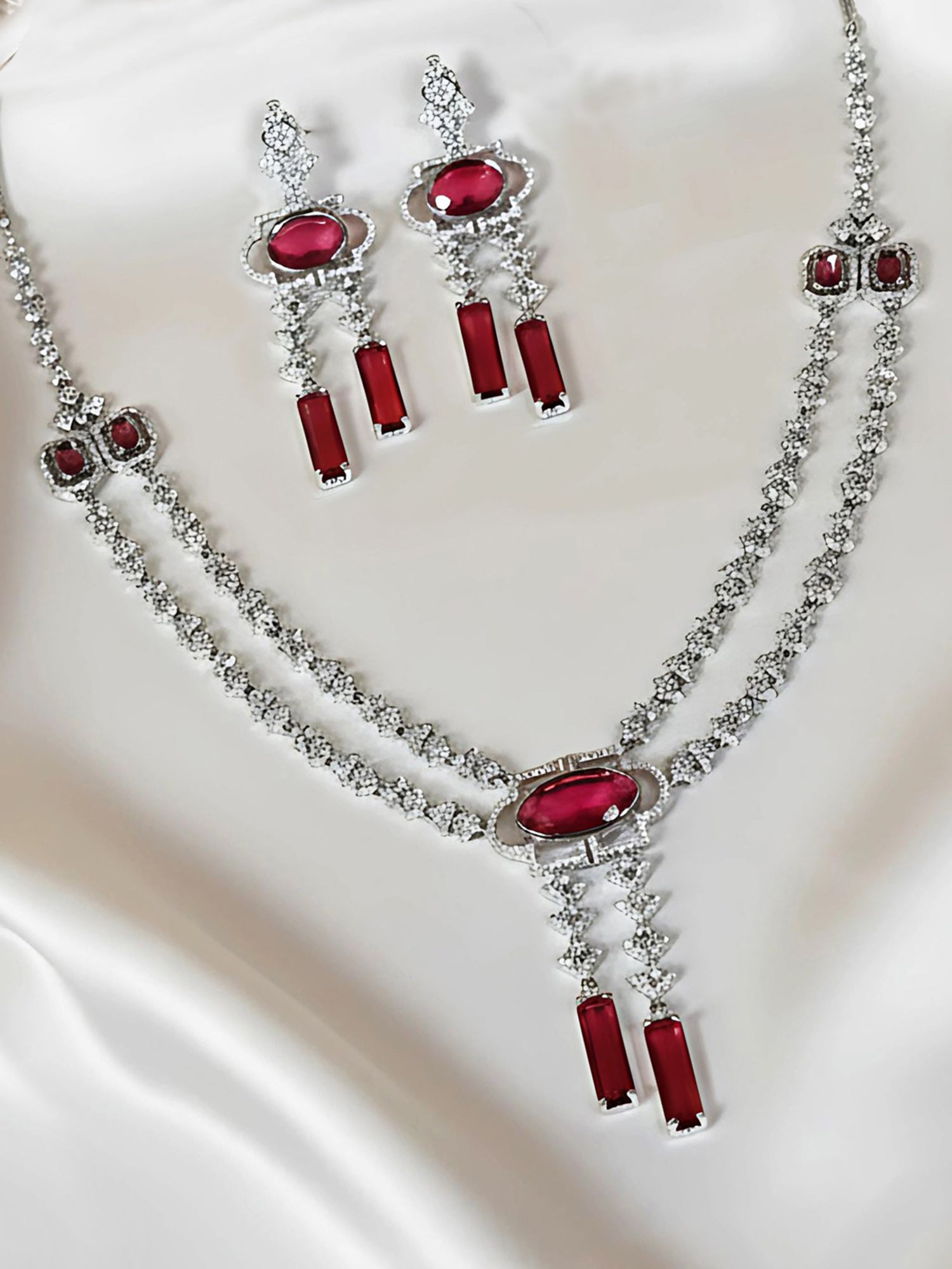 KARATCART Radiant Red American Diamond Silver Plated Jewellery Set for Women - Image 1