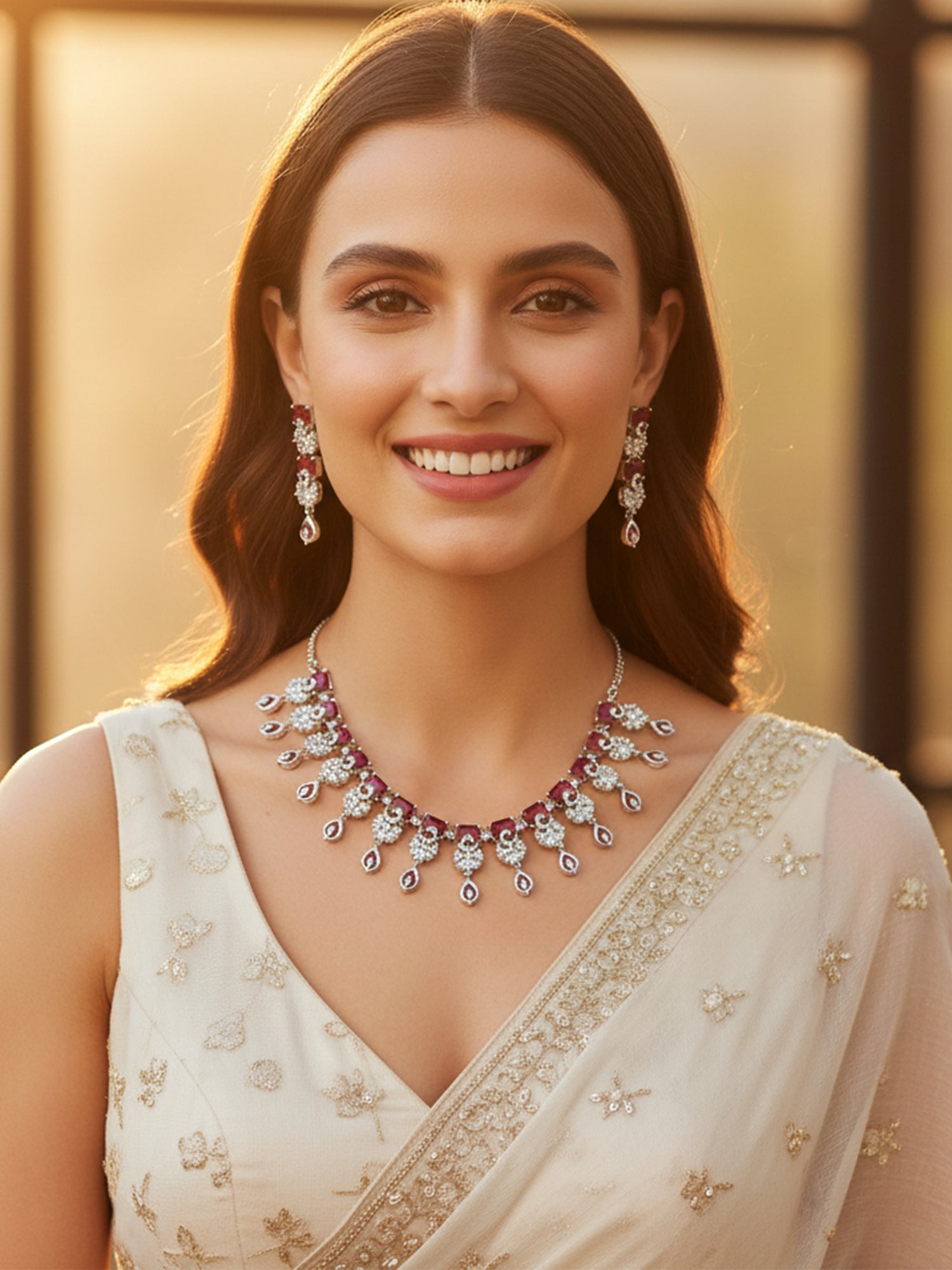 KARATCART Elegant Ruby Red American Diamond Silver Plated Jewellery Set for Women