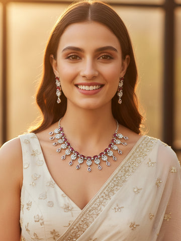 KARATCART Elegant Ruby Red American Diamond Silver Plated Jewellery Set for Women