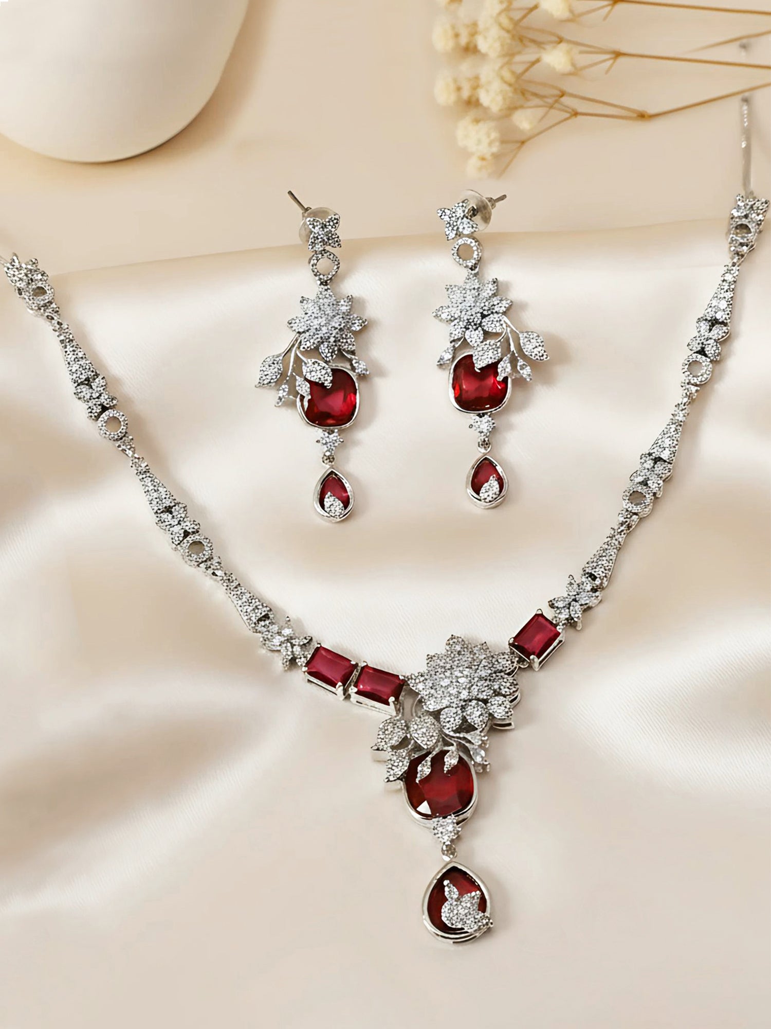 KARATCART Sparkling Red American Diamond Silver Tone Floral Jewellery Set for Women