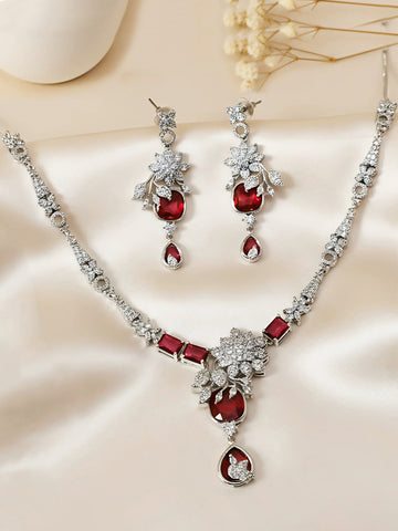 KARATCART Sparkling Red American Diamond Silver Tone Floral Jewellery Set for Women