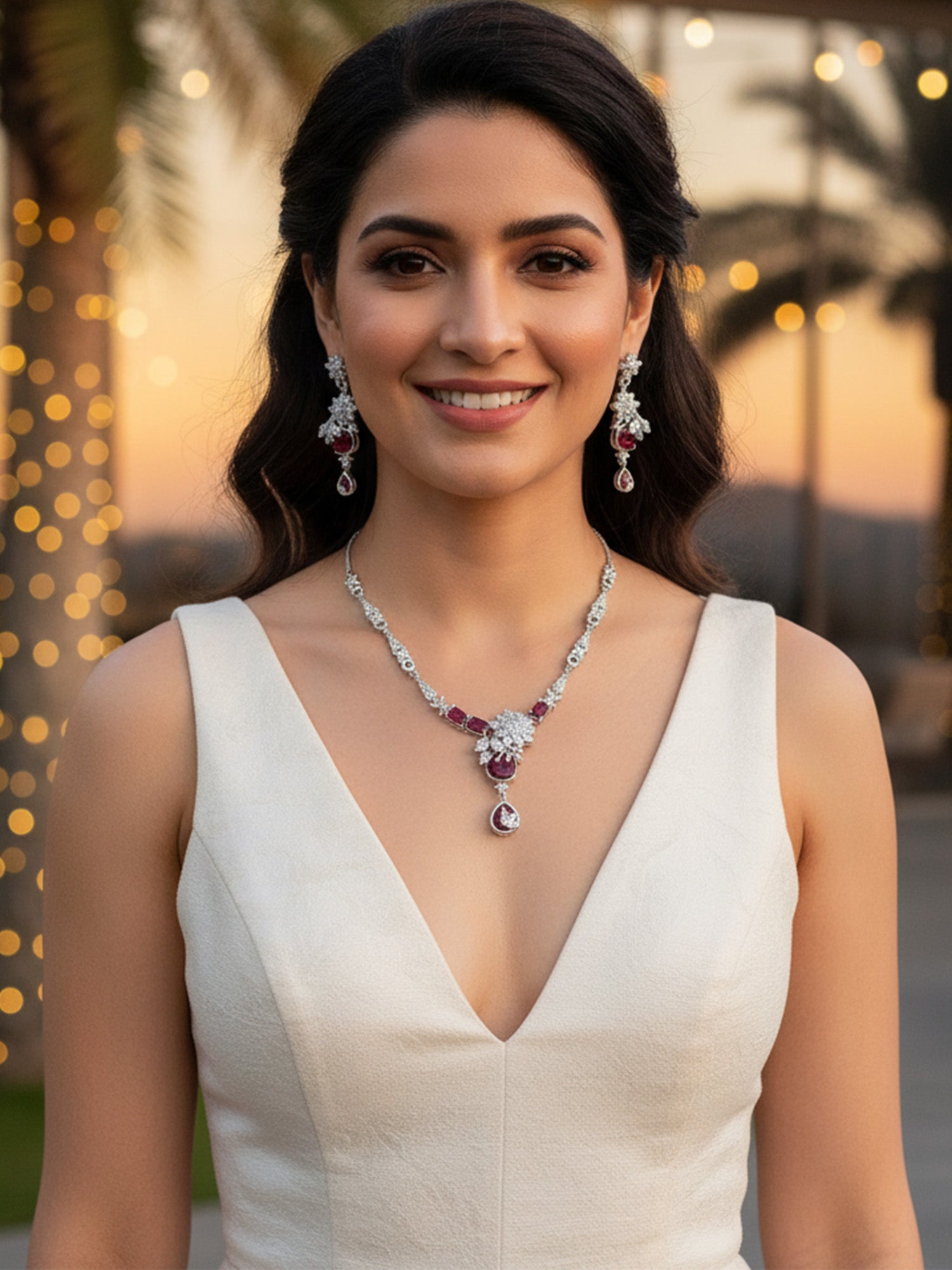 KARATCART Sparkling Red American Diamond Silver Tone Floral Jewellery Set for Women