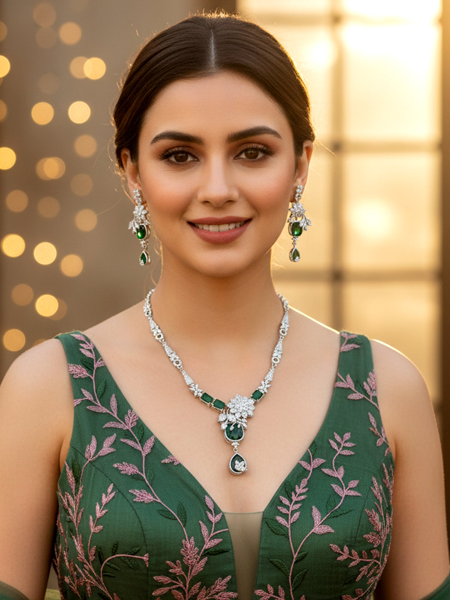 KARATCART Sparkling Green American Diamond Silver Tone Floral Jewellery Set for Women