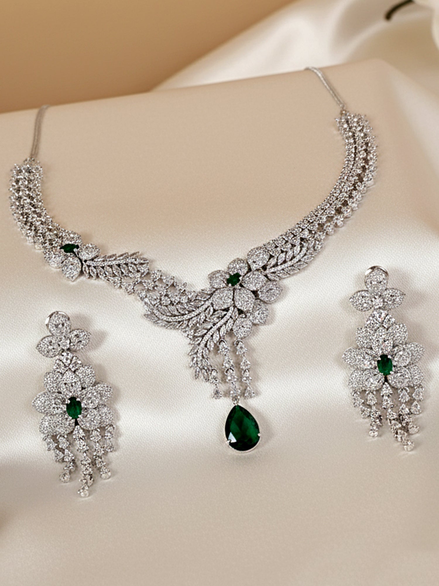 KARATCART Dazzling Green American Diamond Silver Tone Floral Necklace Set for Women