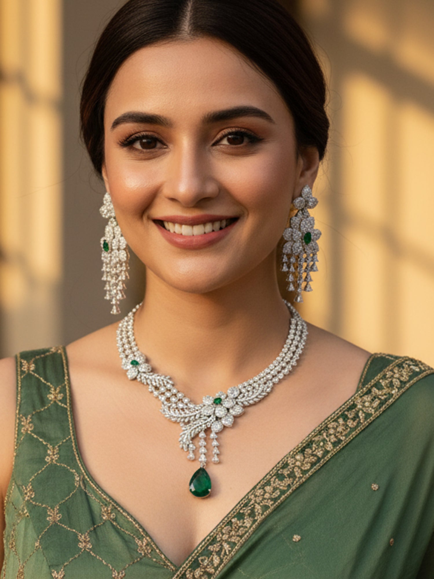 KARATCART Dazzling Green American Diamond Silver Tone Floral Necklace Set for Women