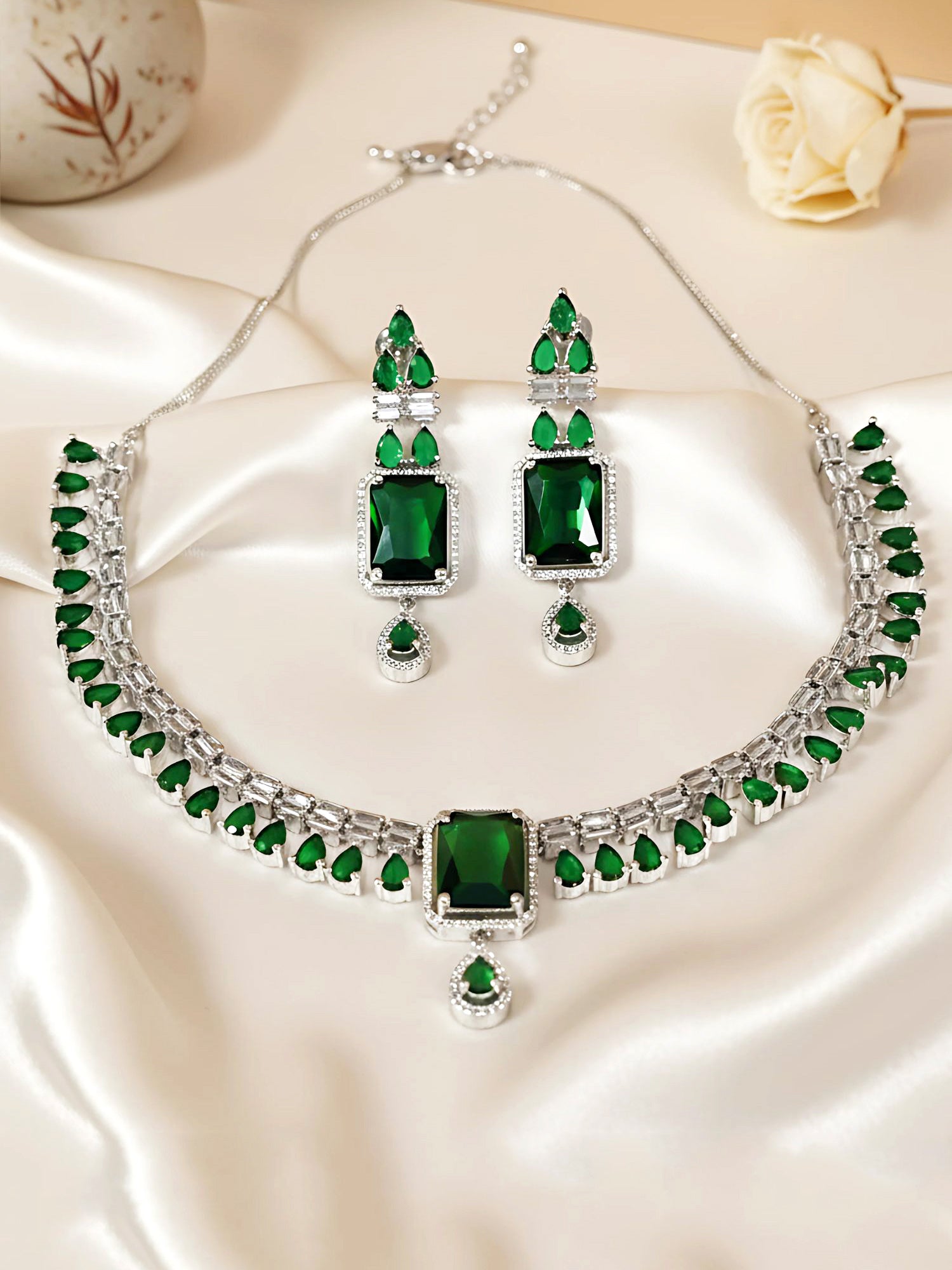 KARATCART Sparkling Green American Diamond Silver Plated Jewellery Set for Women - Image 1