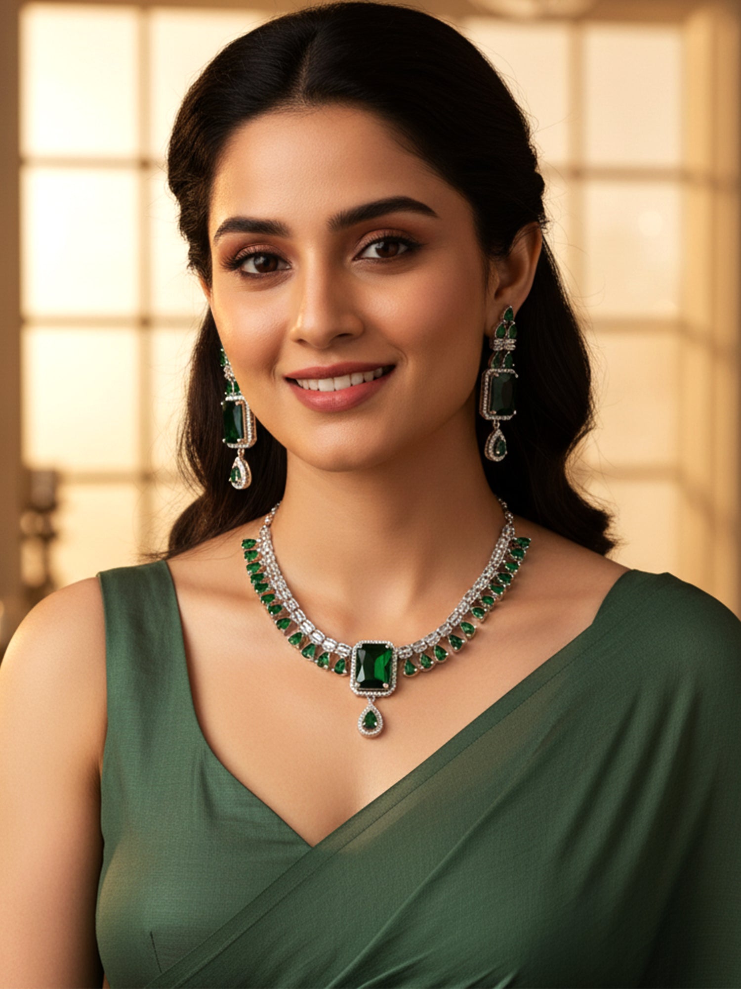 KARATCART Sparkling Green American Diamond Silver Plated Jewellery Set for Women