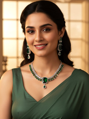 KARATCART Sparkling Green American Diamond Silver Plated Jewellery Set for Women