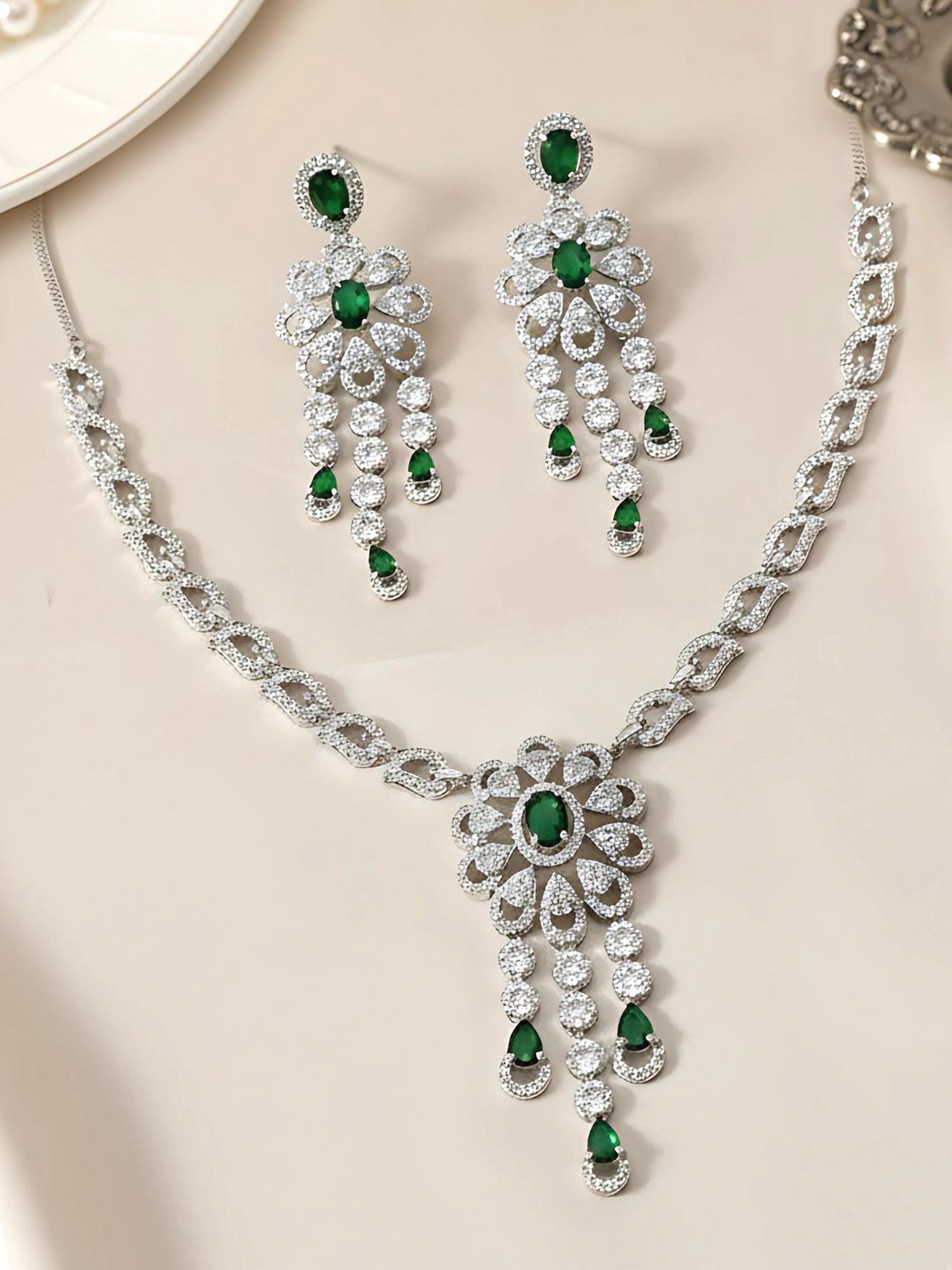 KARATCART Glamorous Green American Diamond Studded Floral Jewellery Set for Women - Image 1