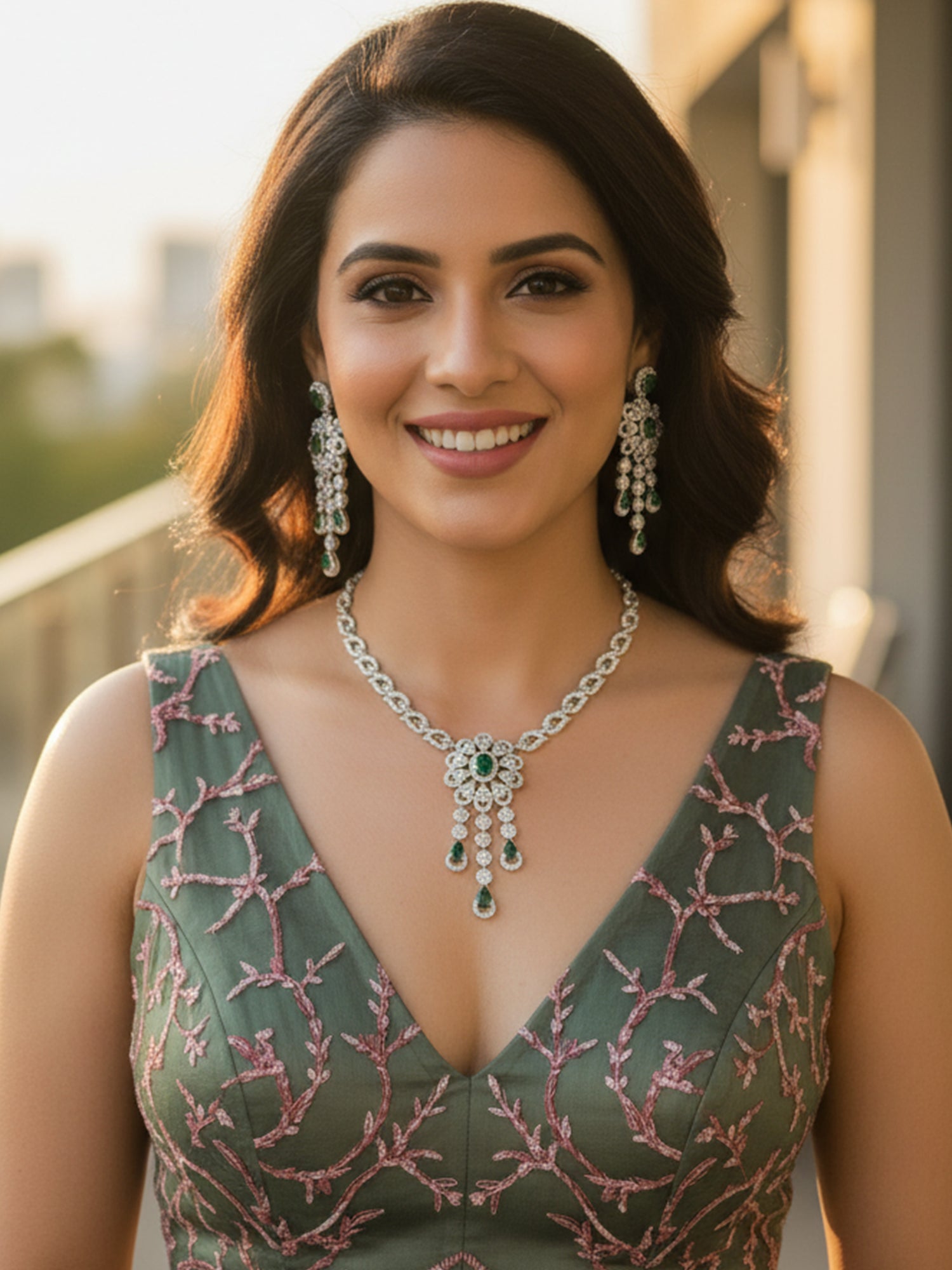 KARATCART Glamorous Green American Diamond Studded Floral Jewellery Set for Women