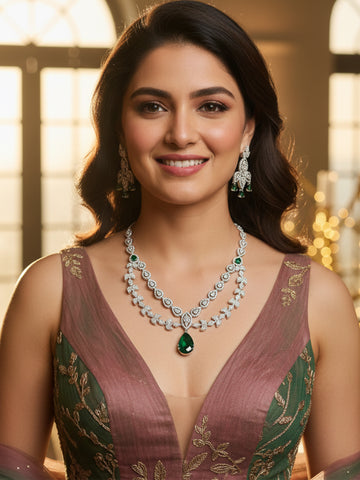 KARATCART Glamorous Silver Plated Jewellery Set Studded with Green American Diamond for Women