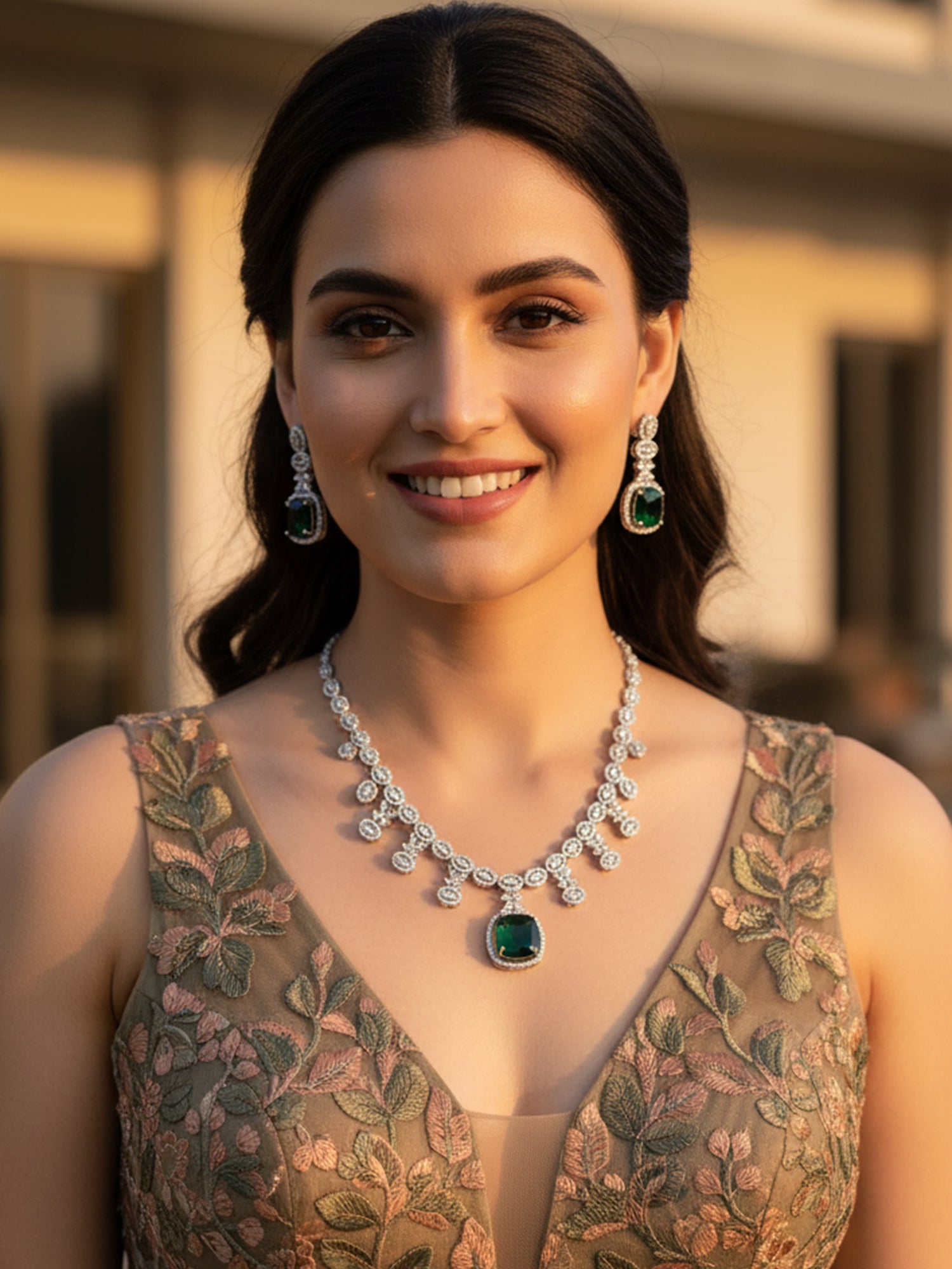 KARATCART Elegant Green American Diamond Square Silver Tone Necklace Set for Women