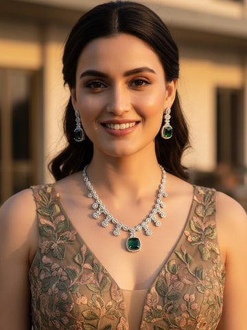 KARATCART Elegant Green American Diamond Square Silver Tone Necklace Set for Women