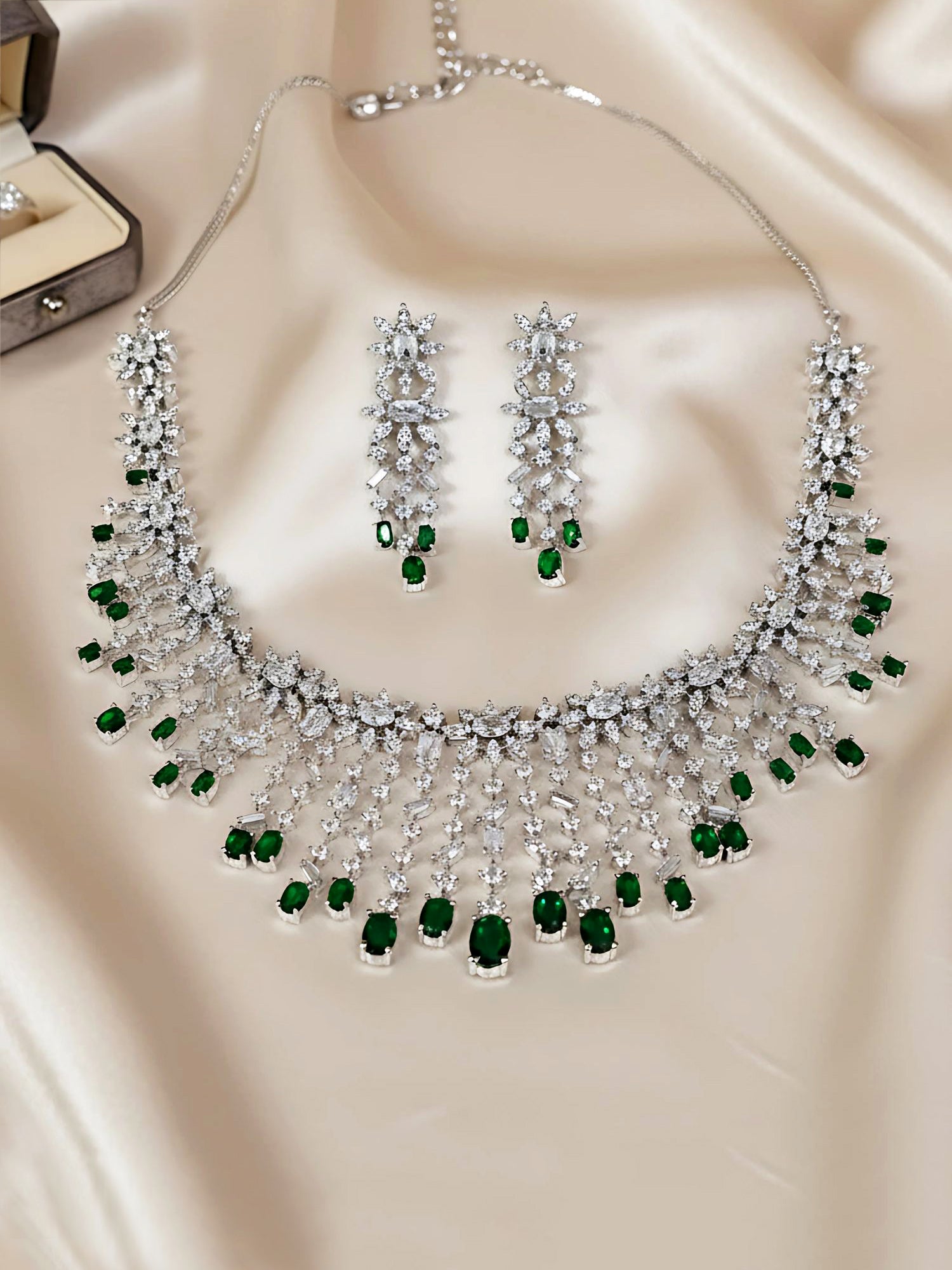 KARATCART Sparkling Green American Diamond Silver-Plated Jewellery Set for Women