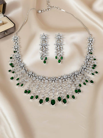 KARATCART Sparkling Green American Diamond Silver-Plated Jewellery Set for Women