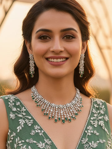 KARATCART Sparkling Green American Diamond Silver-Plated Jewellery Set for Women