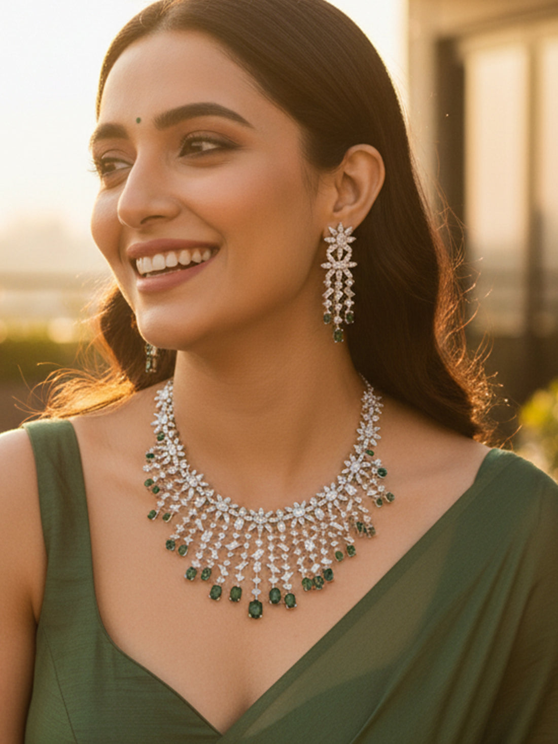 KARATCART Sparkling Green American Diamond Silver-Plated Jewellery Set for Women