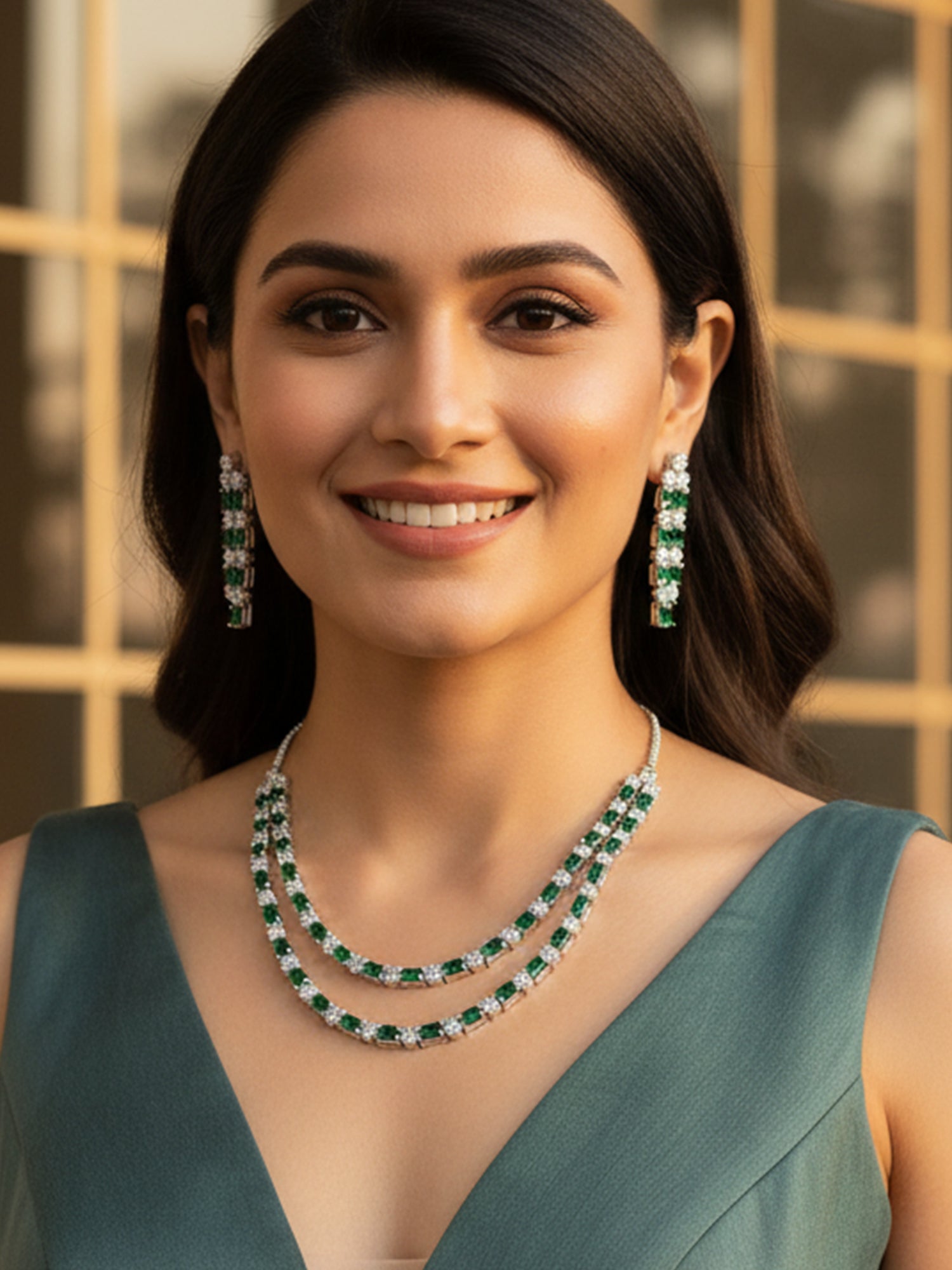 KARATCART Sparkling Green American Diamond Lightweight Silver-Tone Jewellery Set for Women