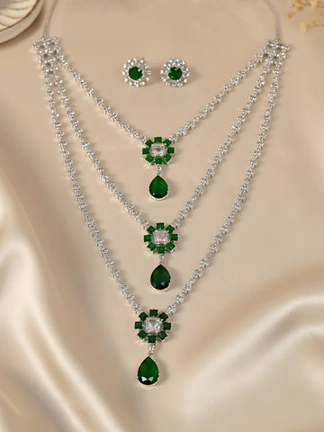 KARATCART Silver Plated Green American Diamond Multilayer Floral Rani Haar Jewellery Set for Women