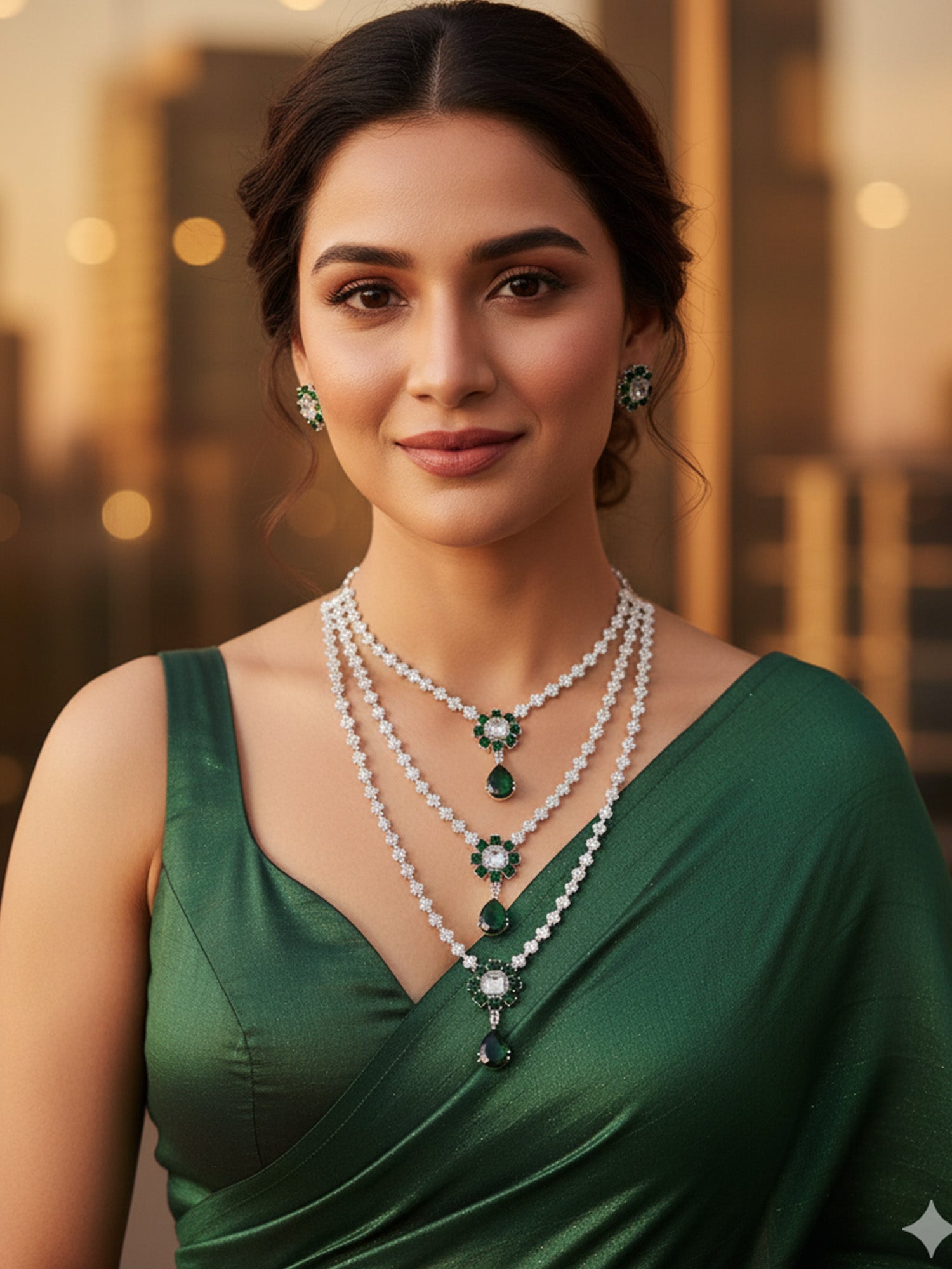 KARATCART Silver Plated Green American Diamond Multilayer Floral Rani Haar Jewellery Set for Women