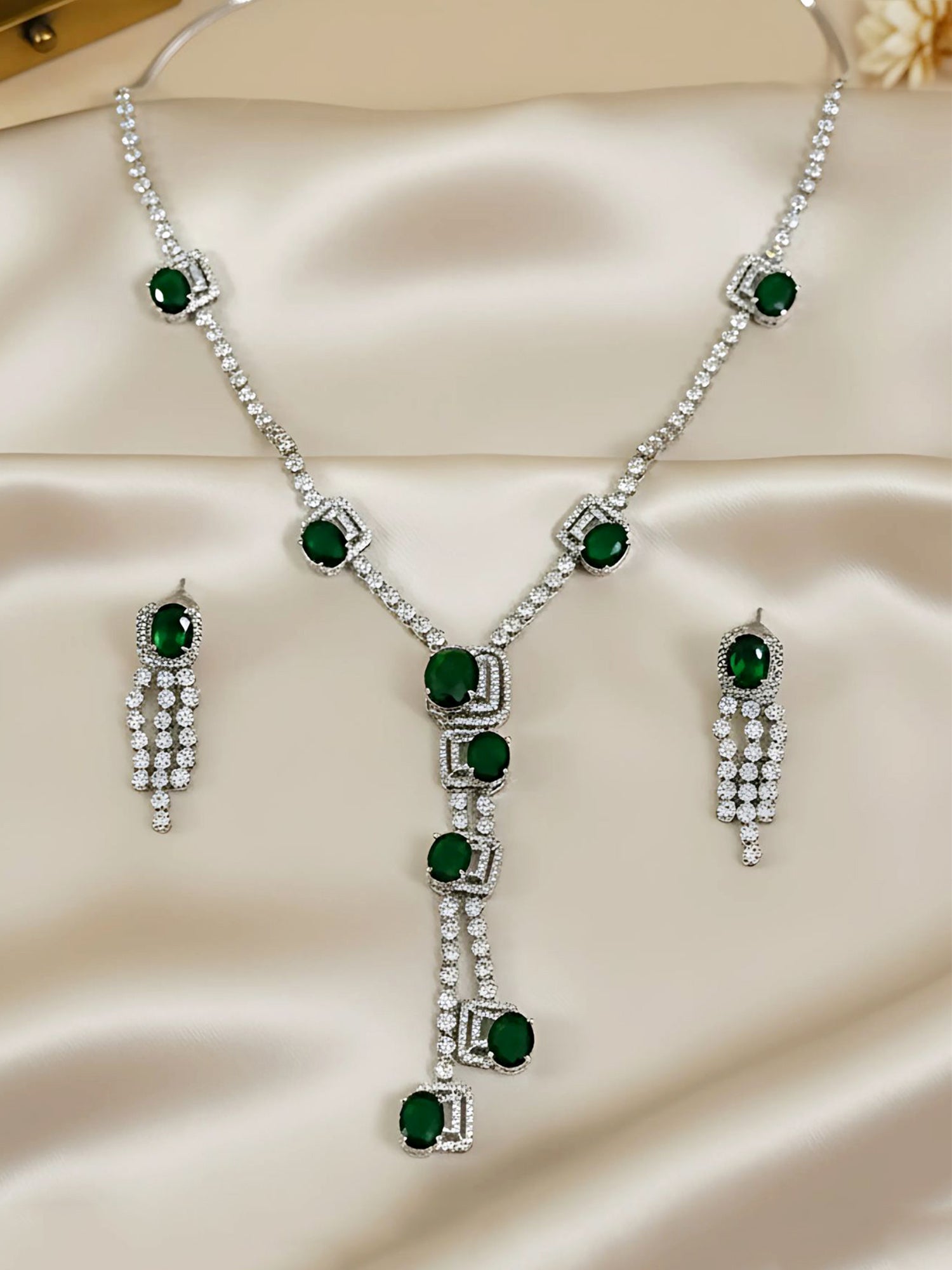 KARATCART Silver Plated Green American Diamond Long Jewellery Set for Women - Image 1