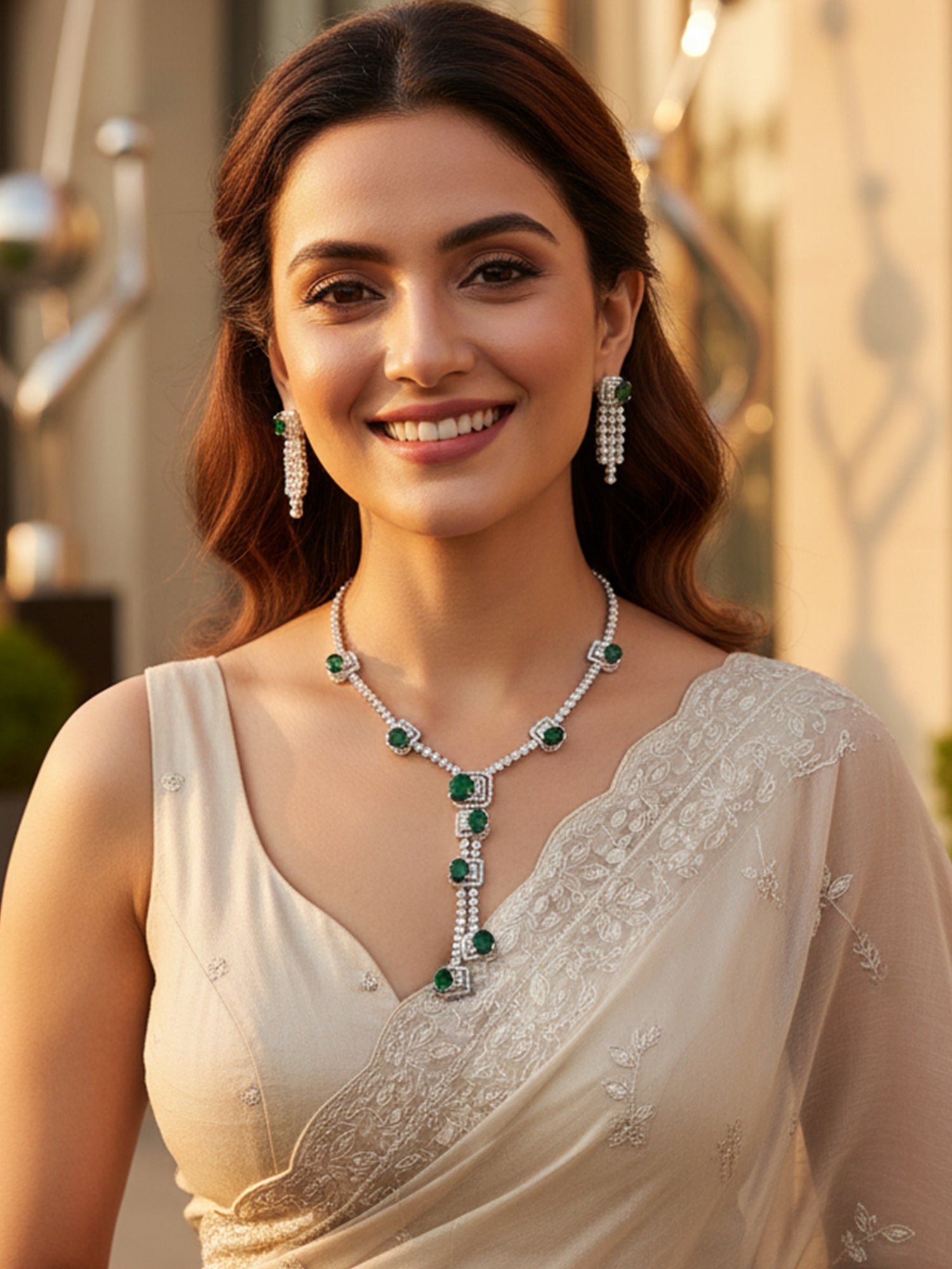 KARATCART Silver Plated Green American Diamond Long Jewellery Set for Women