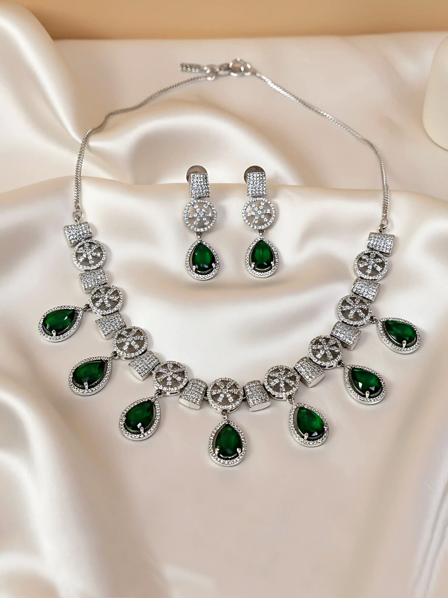KARATCART Silver Plated Green Teardrop American Diamond Classic Jewellery Set for Women - Image 1