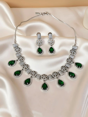 KARATCART Silver Plated Green Teardrop American Diamond Classic Jewellery Set for Women