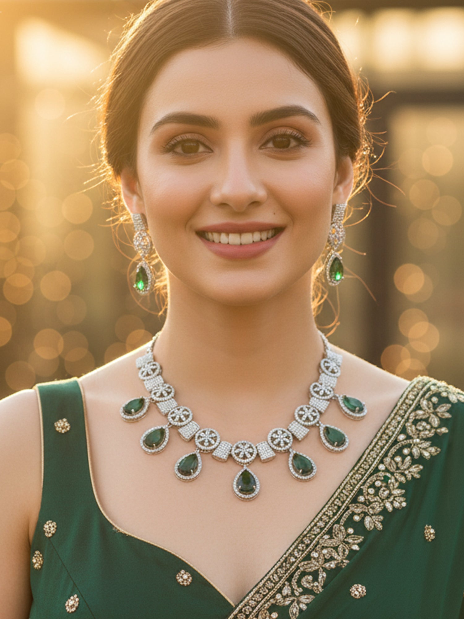 KARATCART Silver Plated Green Teardrop American Diamond Classic Jewellery Set for Women - view 2