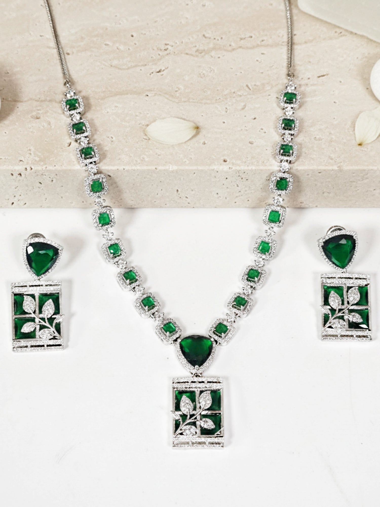 KARATCART Designer Green Leaf American Diamond Classic Jewellery Set for Women - Image 1