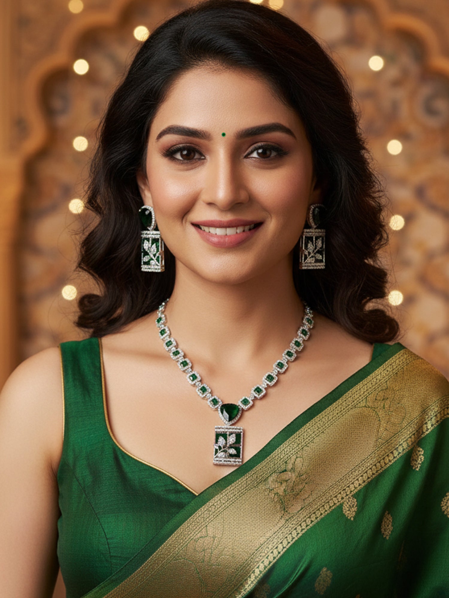 KARATCART Designer Green Leaf American Diamond Classic Jewellery Set for Women