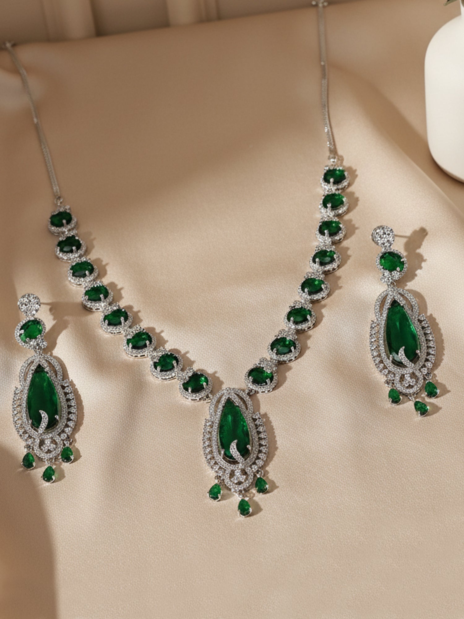 KARATCART Designer Green Teardrop Silver Plated American Diamond Classic Jewellery Set for Women