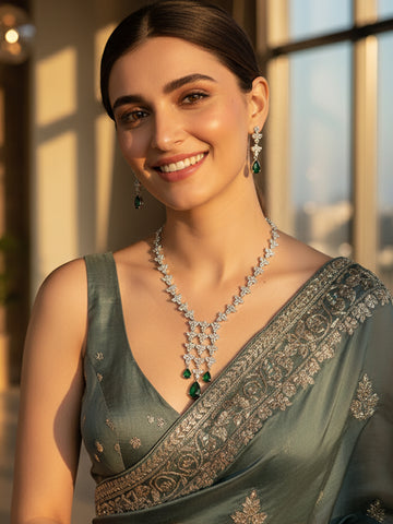KARATCART Elegant Green American Diamond Studded Silver Tone Long Jewellery Set for Women
