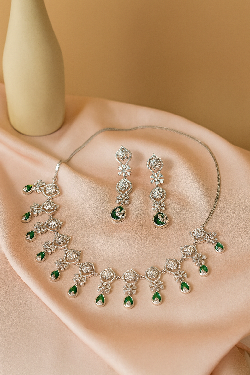 KARATCART Traditional Green American Diamond Studded Floral Silver-Tone Necklace Set for Women