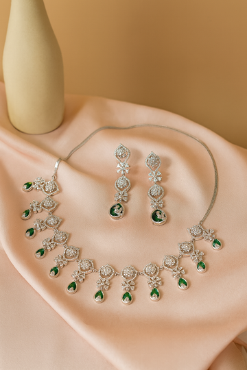 KARATCART Traditional Green American Diamond Studded Floral Silver-Tone Necklace Set for Women