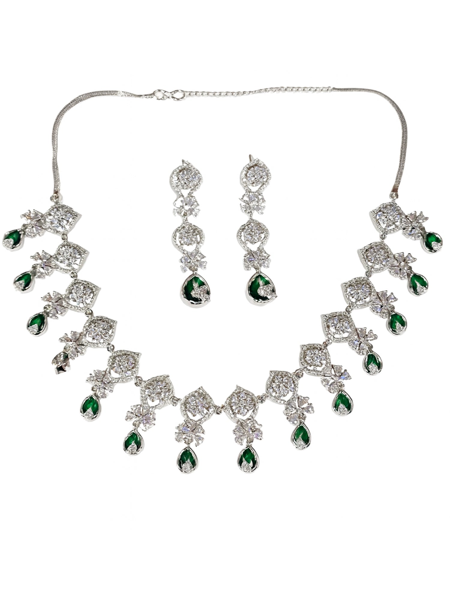 KARATCART Traditional Green American Diamond Studded Floral Silver-Tone Necklace Set for Women - view 3