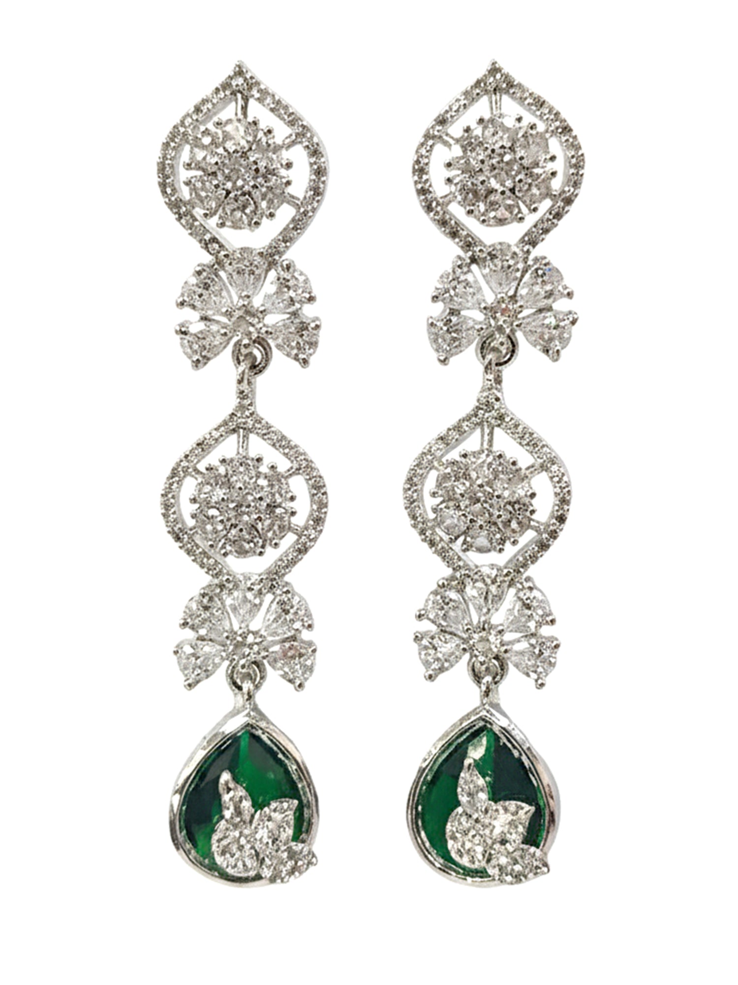 KARATCART Traditional Green American Diamond Studded Floral Silver-Tone Necklace Set for Women - view 4