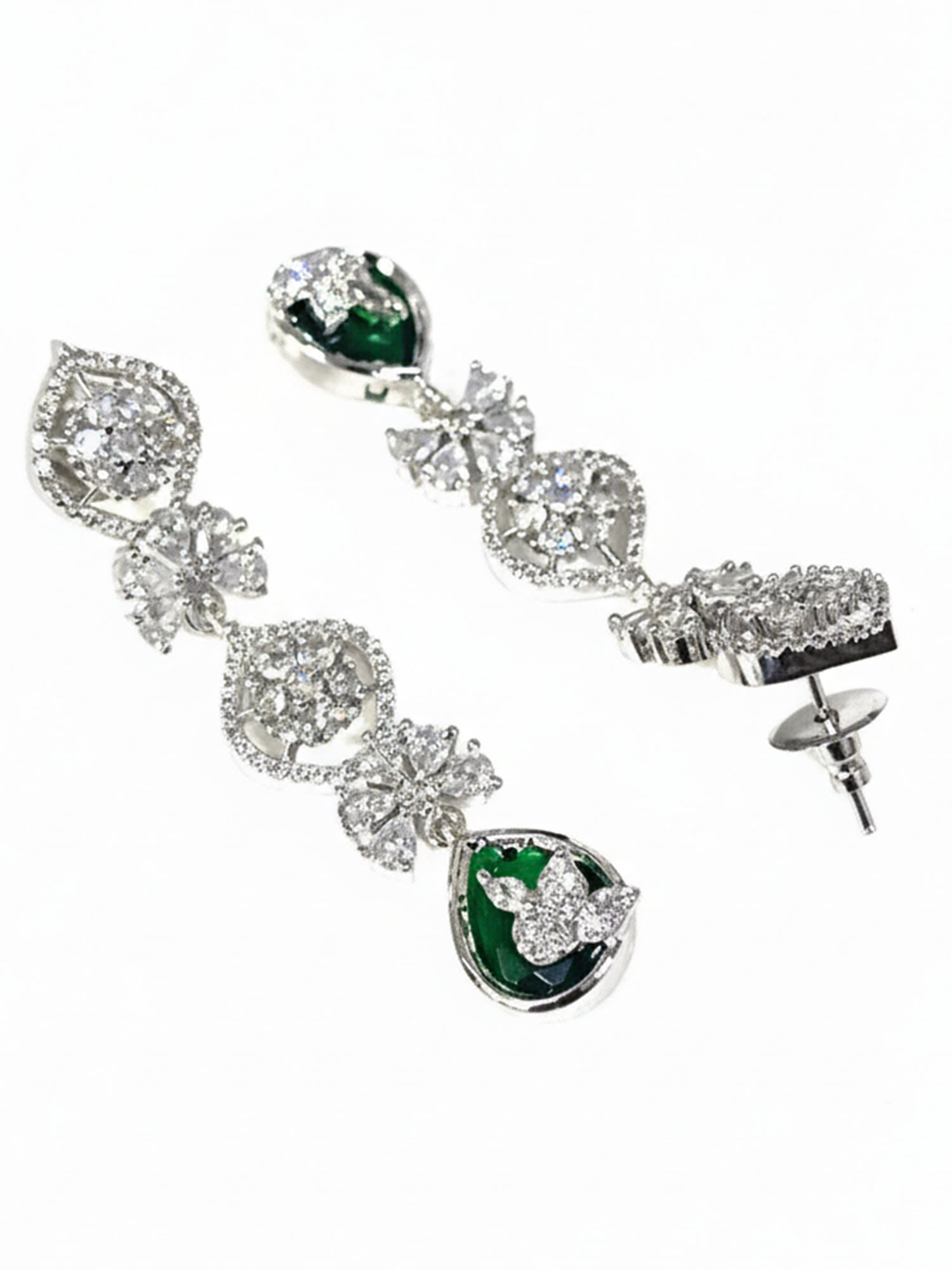 KARATCART Traditional Green American Diamond Studded Floral Silver-Tone Necklace Set for Women - view 5