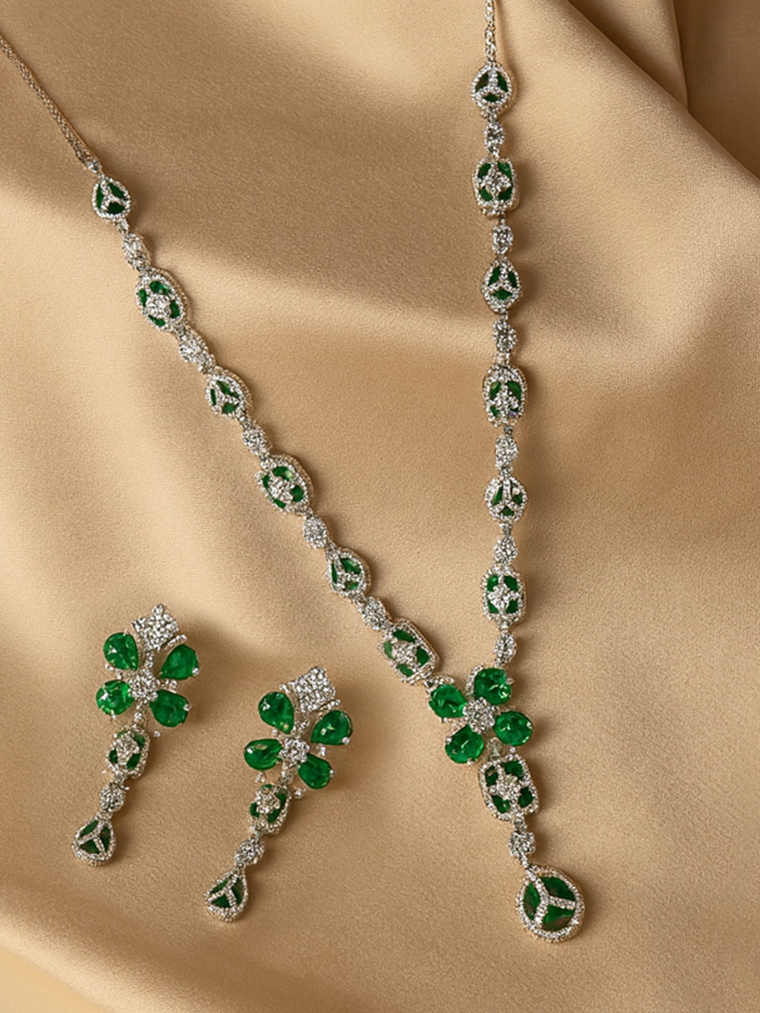 KARATCART Sparkling Green American Diamond Studded Silver-Plated Floral Jewellery Set for Women - Image 1