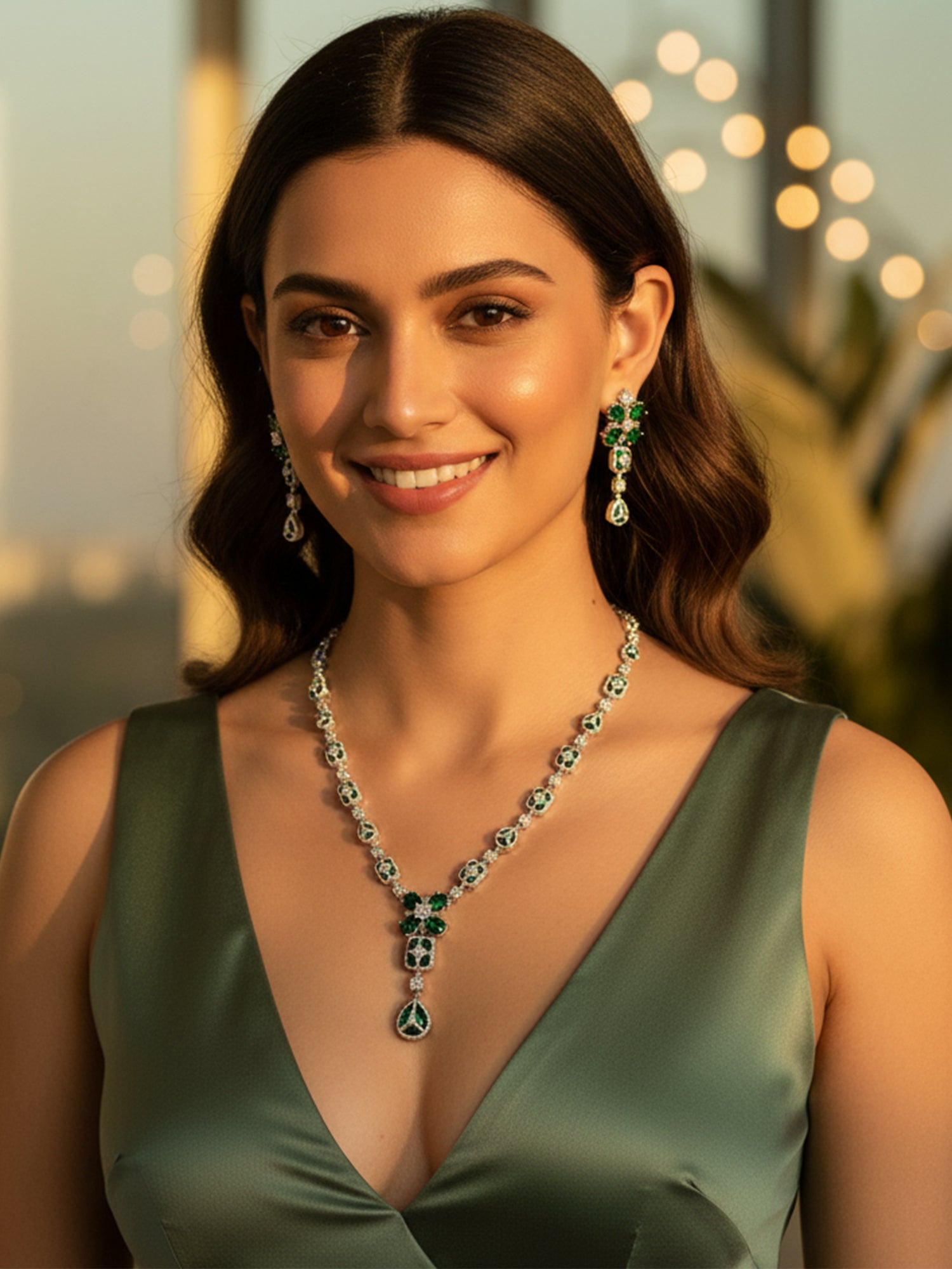 KARATCART Sparkling Green American Diamond Studded Silver-Plated Floral Jewellery Set for Women