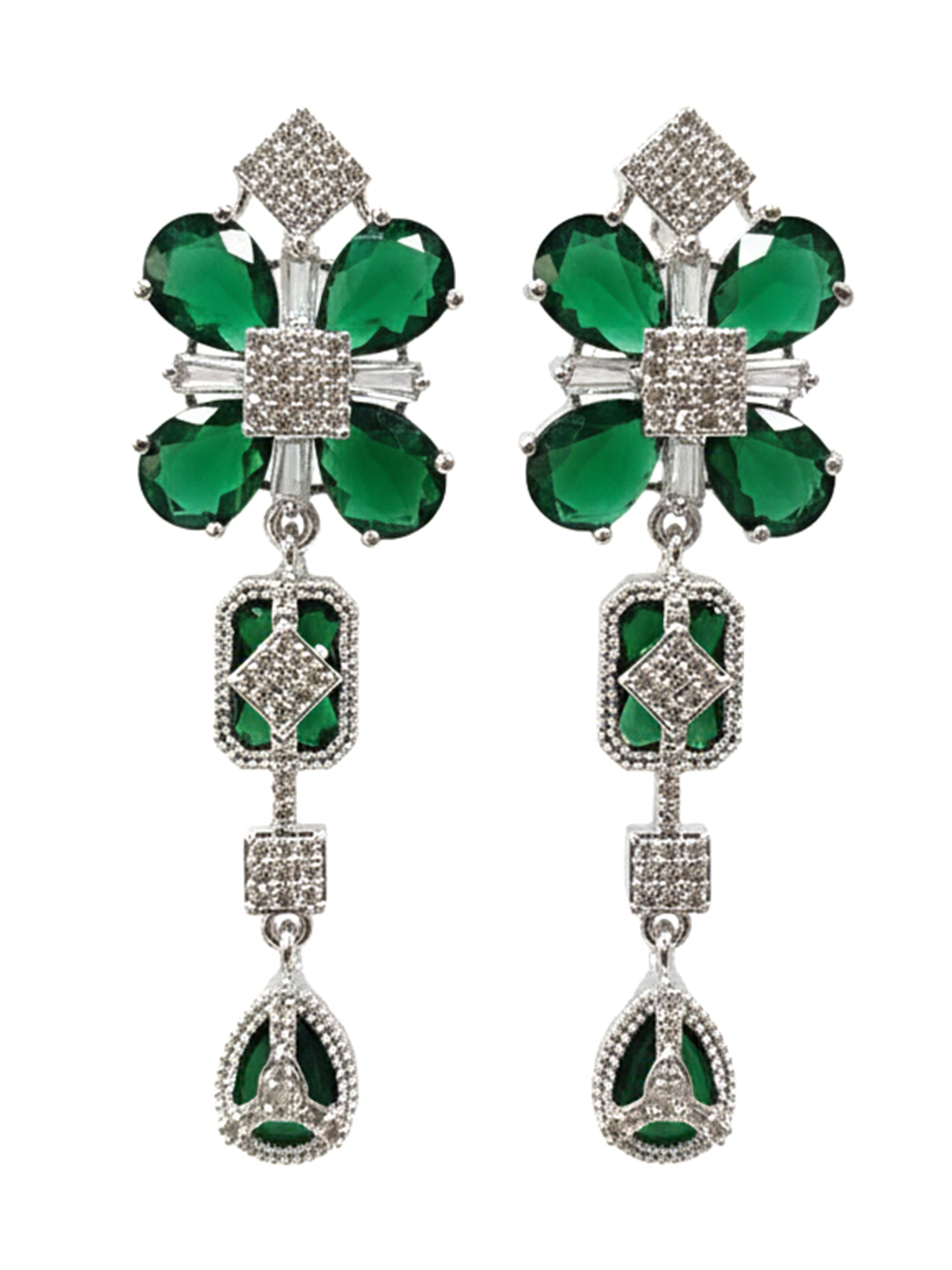 KARATCART Sparkling Green American Diamond Studded Silver-Plated Floral Jewellery Set for Women - view 3
