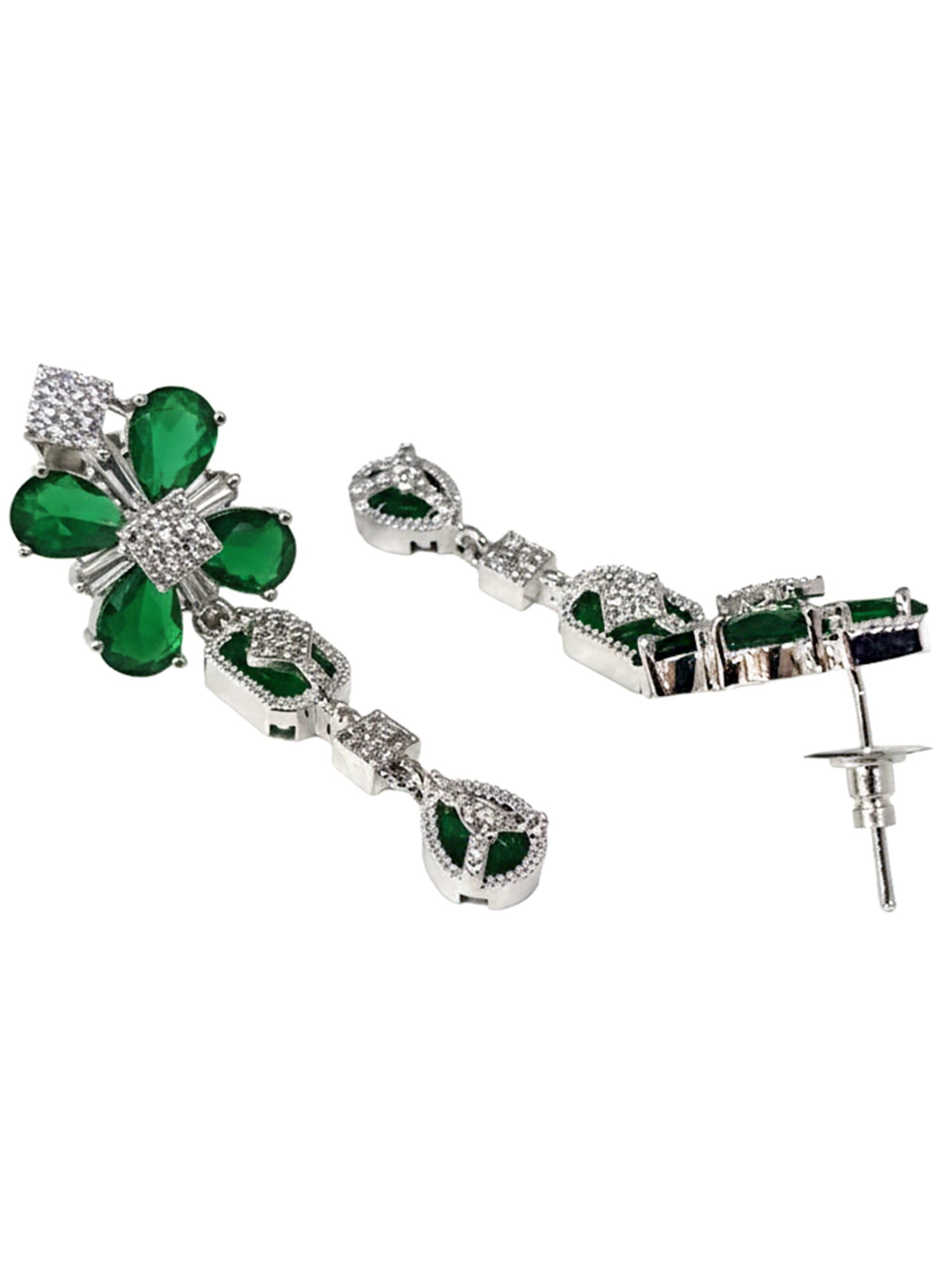 KARATCART Sparkling Green American Diamond Studded Silver-Plated Floral Jewellery Set for Women - view 4