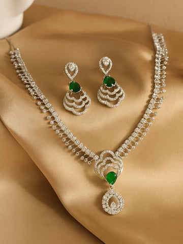 KARATCART Sparkling Green American Diamond Lightweight Silver-Tone Jewellery Set for Women