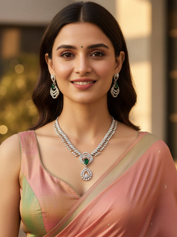 KARATCART Sparkling Green American Diamond Lightweight Silver-Tone Jewellery Set for Women