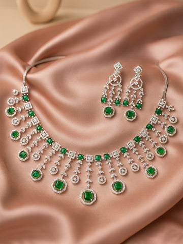 KARATCART Designer Green American Diamond Classic Silver-Tone Jewellery Set for Women