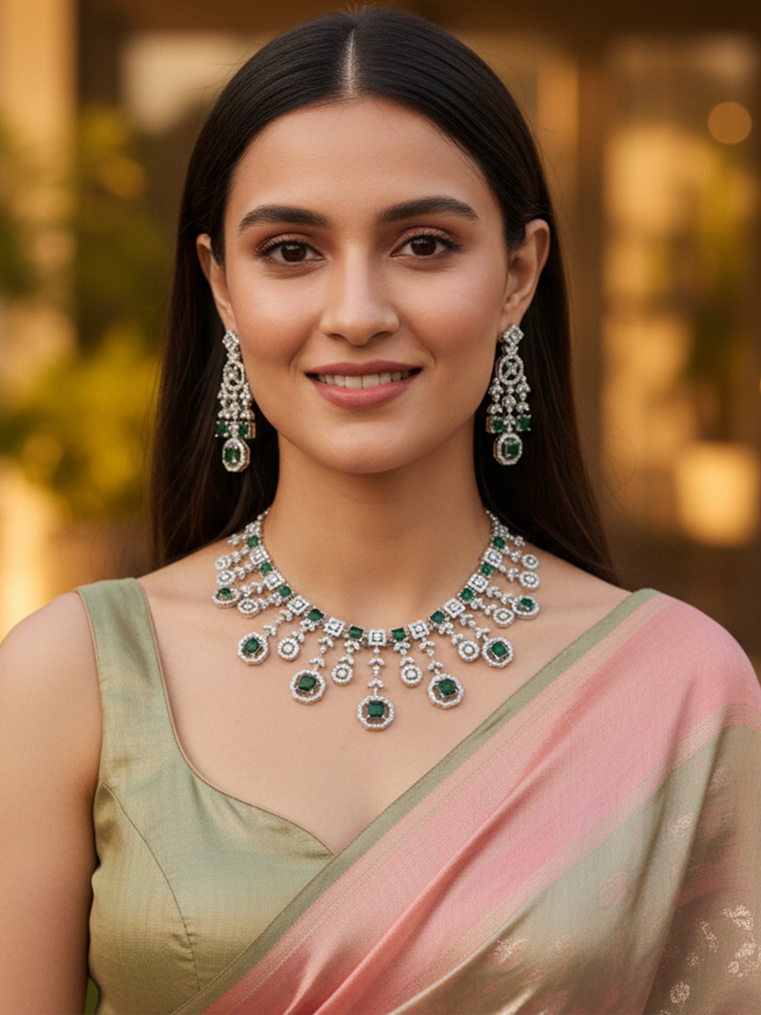 KARATCART Designer Green American Diamond Classic Silver-Tone Jewellery Set for Women - view 2