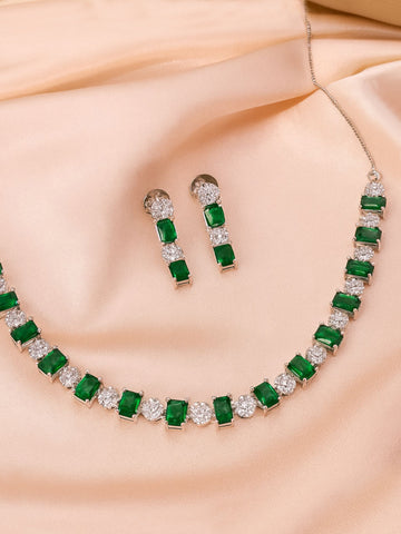 KARATCART Silver-Plated Green American Diamond Delicate Necklace Set for Women